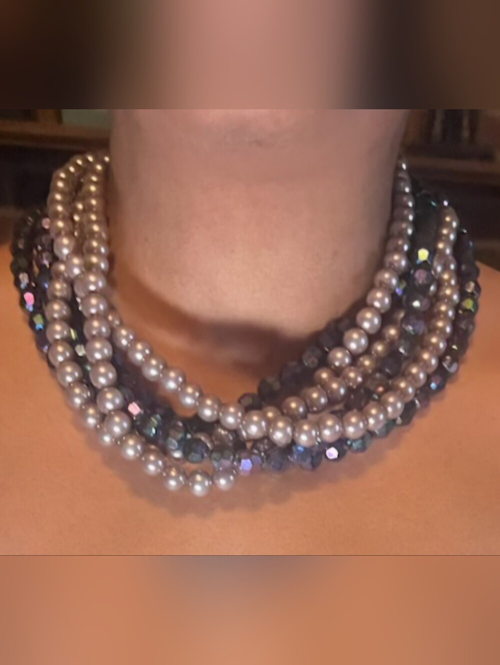 Multi-Strand Gray Pearl and Iridescent Bead Statement Necklace